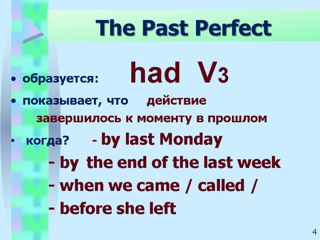 The Past Perfect образуется: had V3 показывает, что действие завершилось к моменту в прошлом